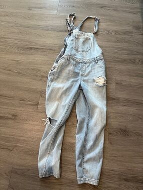 Light Wash Distressed Denim Overalls - Women’s Casual Jeans